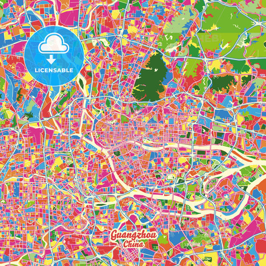 Guangzhou, China Crazy Colorful Street Map Poster Template - HEBSTREITS Sketches