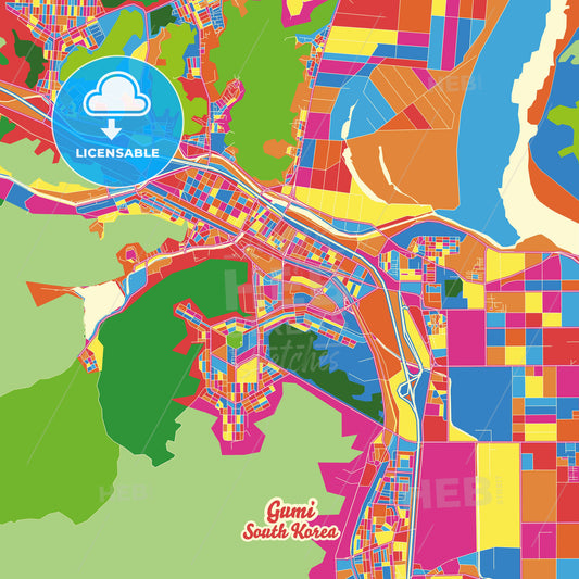 Gumi, South Korea Crazy Colorful Street Map Poster Template - HEBSTREITS Sketches