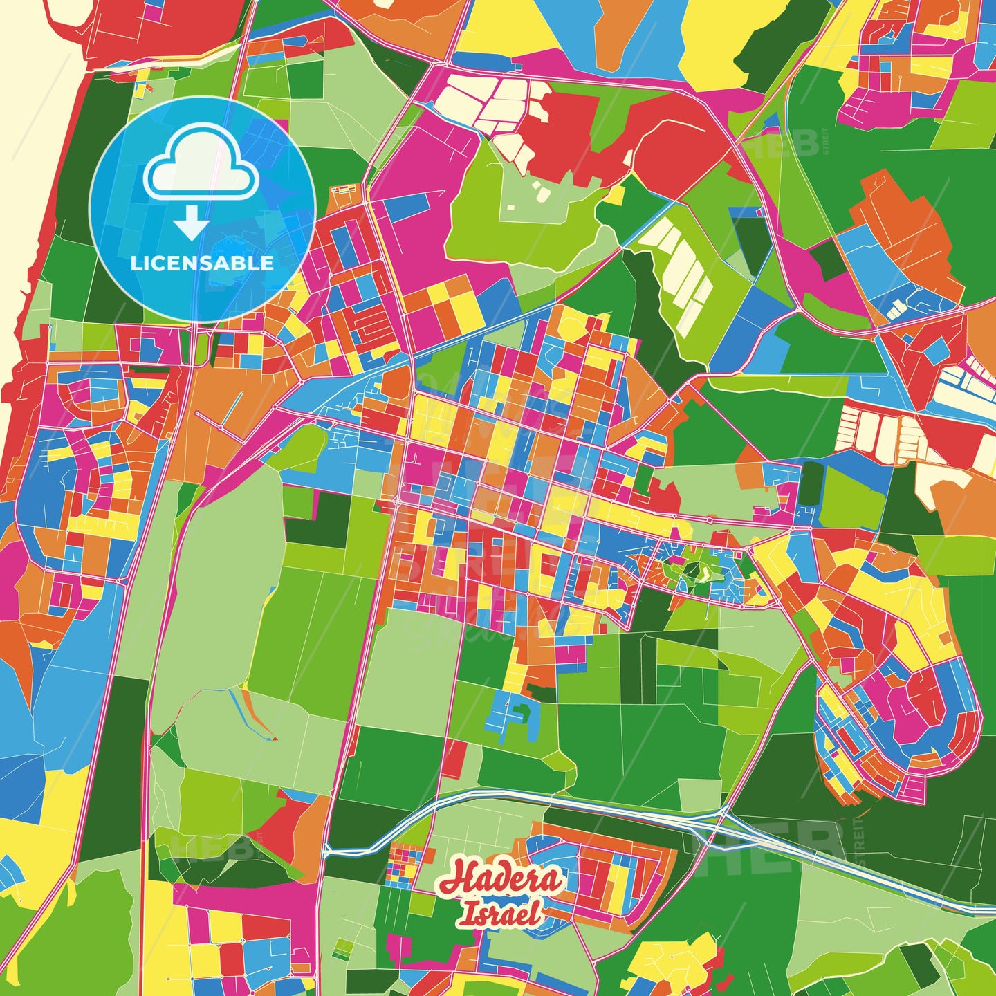 Hadera, Israel Crazy Colorful Street Map Poster Template - HEBSTREITS Sketches