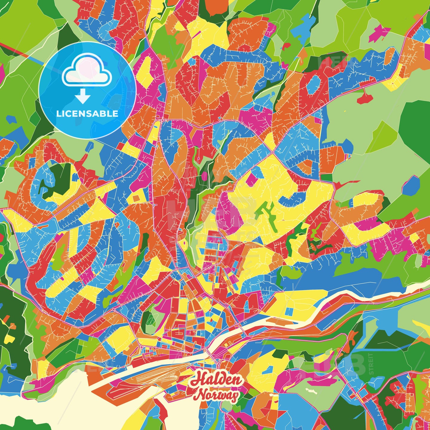 Halden, Norway Crazy Colorful Street Map Poster Template - HEBSTREITS Sketches