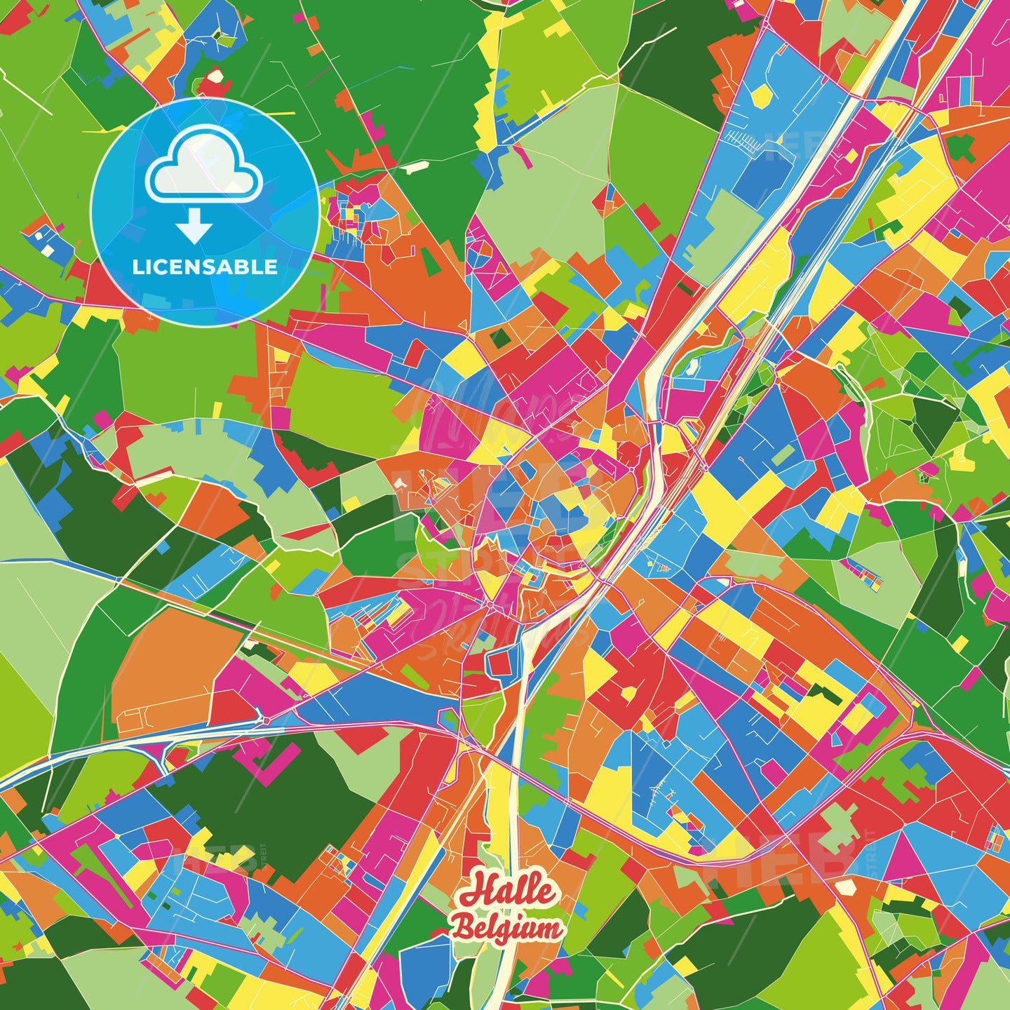 Halle, Belgium Crazy Colorful Street Map Poster Template - HEBSTREITS Sketches