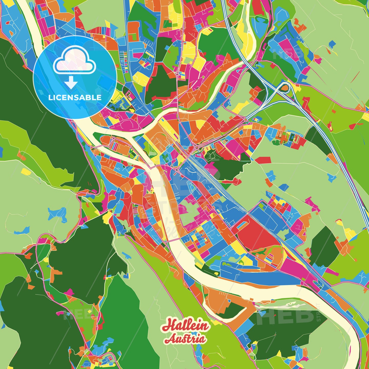 Hallein, Austria Crazy Colorful Street Map Poster Template - HEBSTREITS Sketches