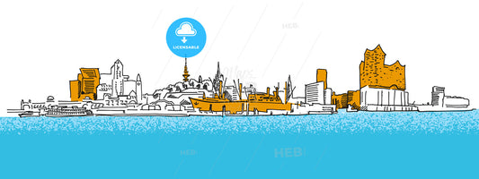 Hamburg Outline Panorama Sketch with colored details – instant download