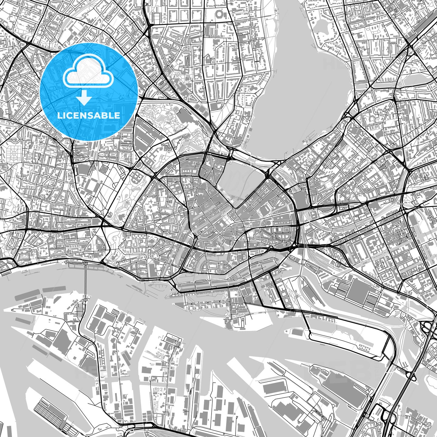Hamburg downtown map with buildings, light