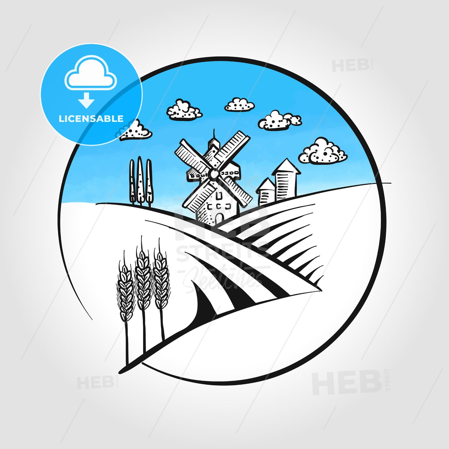 Hand-drawn Windmill icon with landscape – instant download