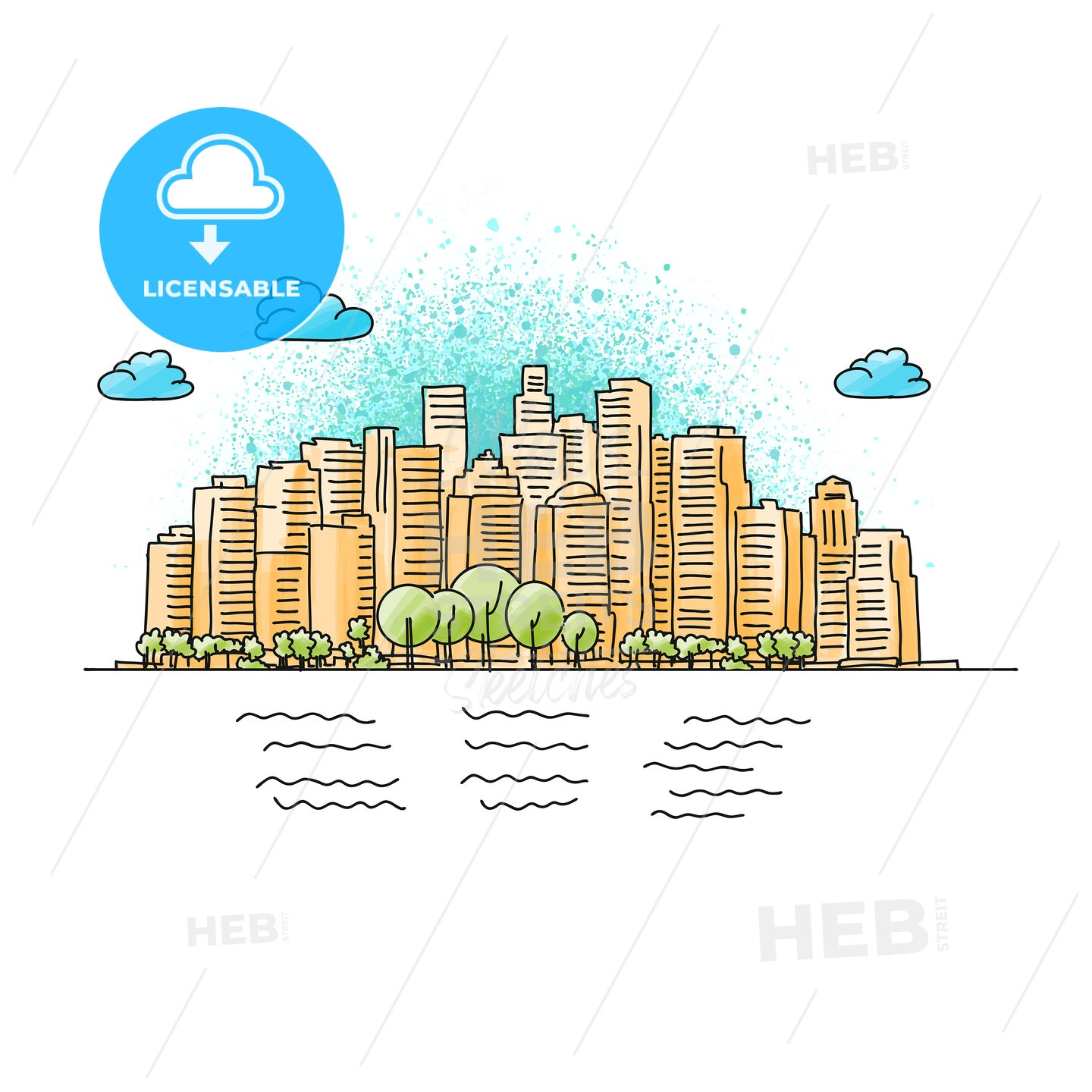 Hand drawn and colored Generic City Skyline – instant download