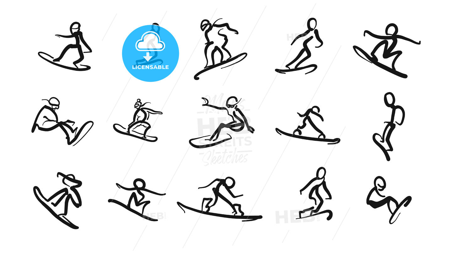 Hand drawn motion studies snoboarder icons – instant download