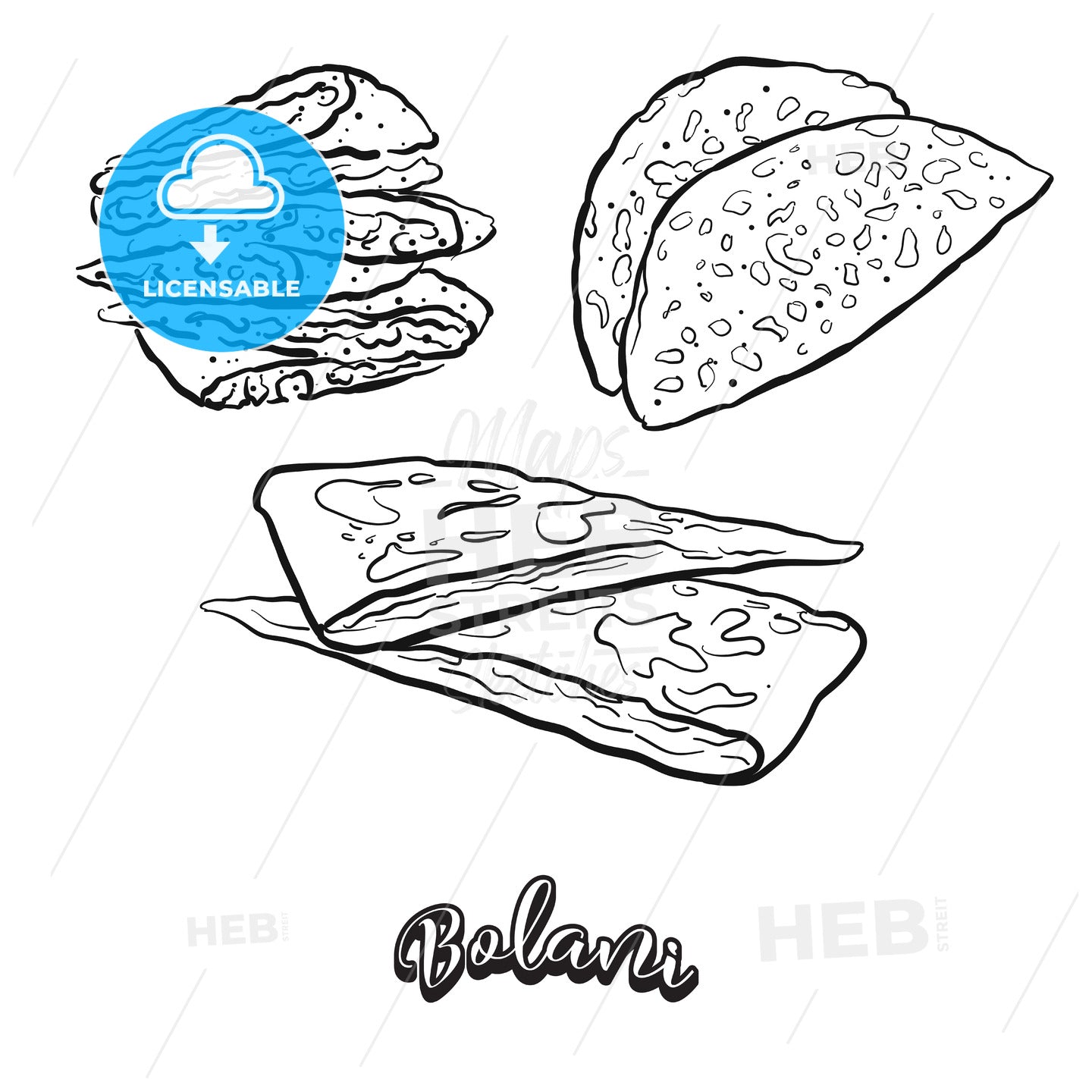 Hand drawn sketch of Bolani bread – instant download