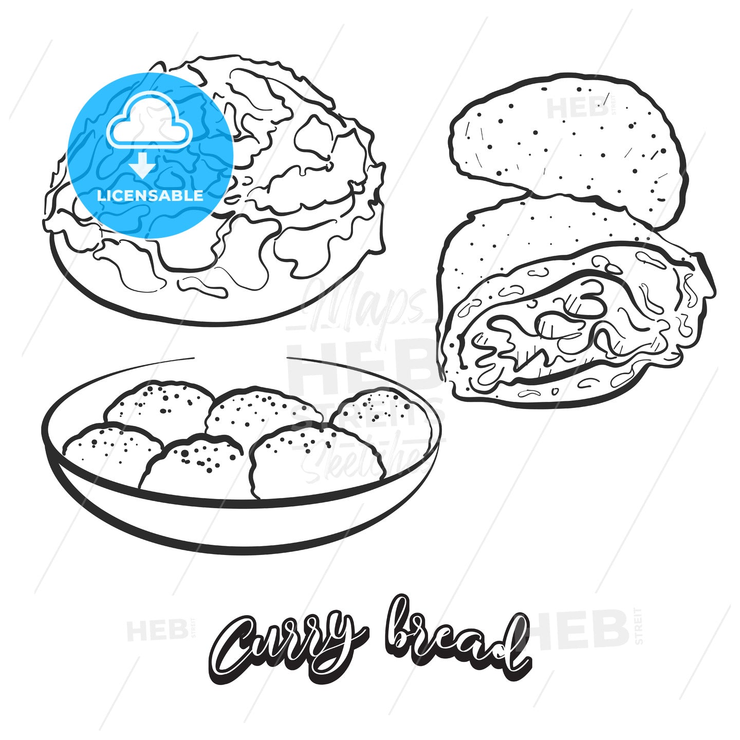 Hand drawn sketch of Curry bread bread – instant download