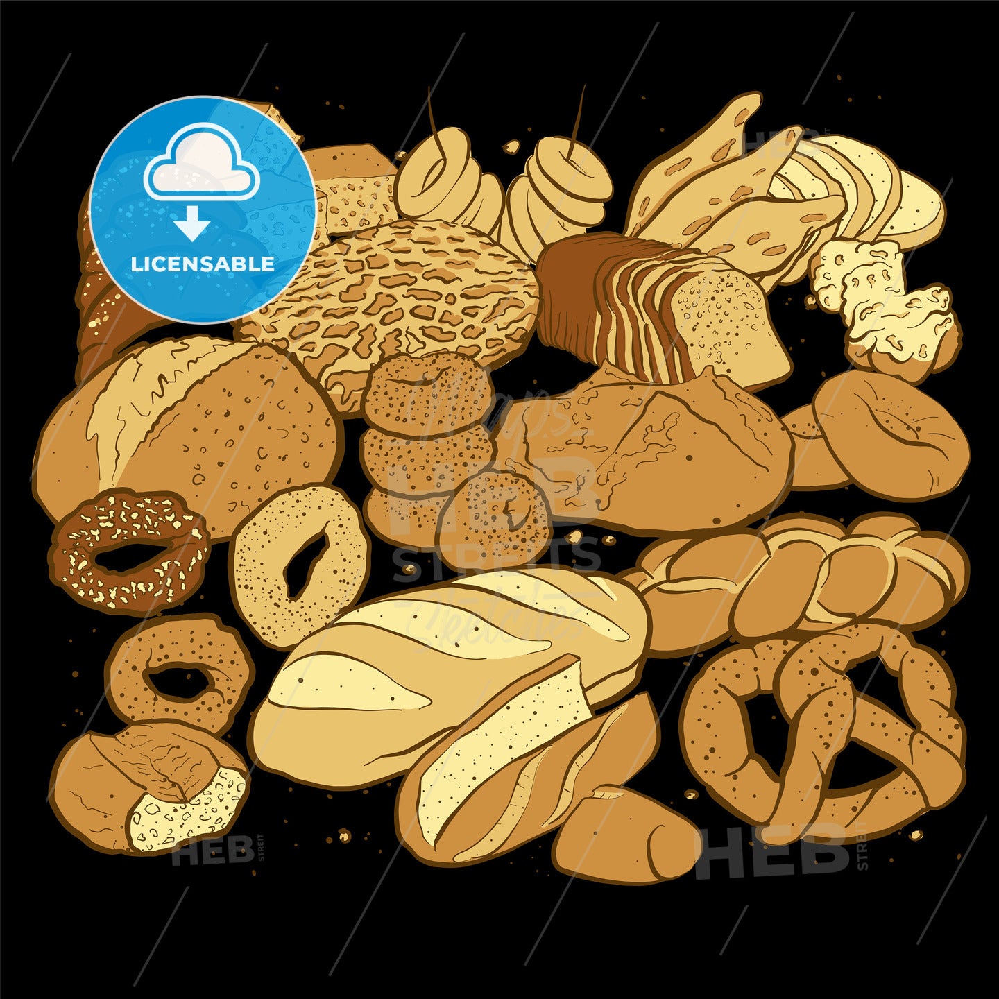 Hand drawn sketched breads to a square arranged format on blackboard – instant download