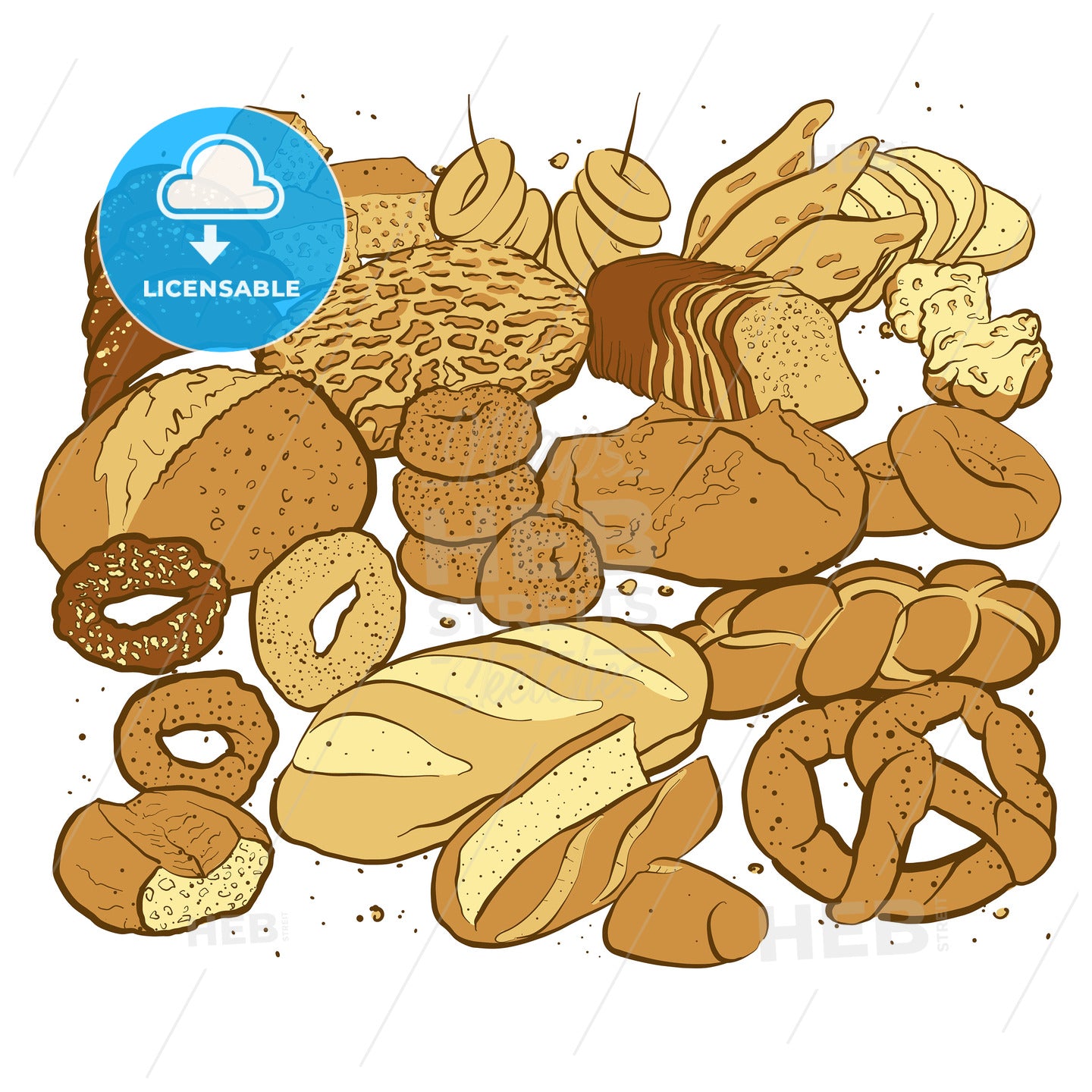 Hand drawn sketched breads to a square arranged format on white – instant download