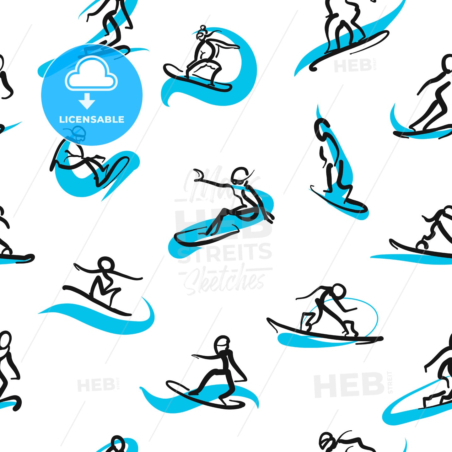 Hand drawn snowboarder icons, seamless pattern – instant download