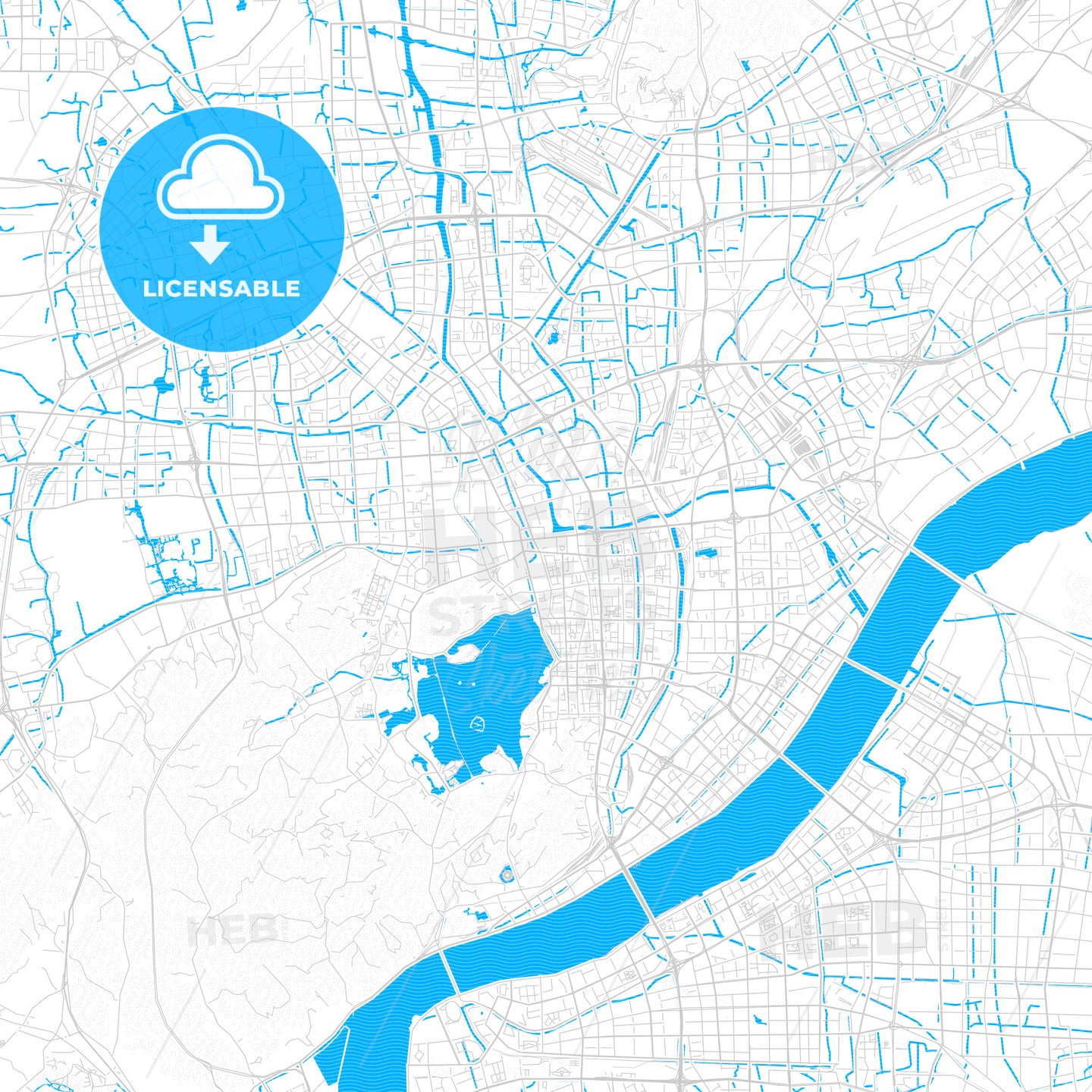 Hangzhou, China PDF vector map with water in focus