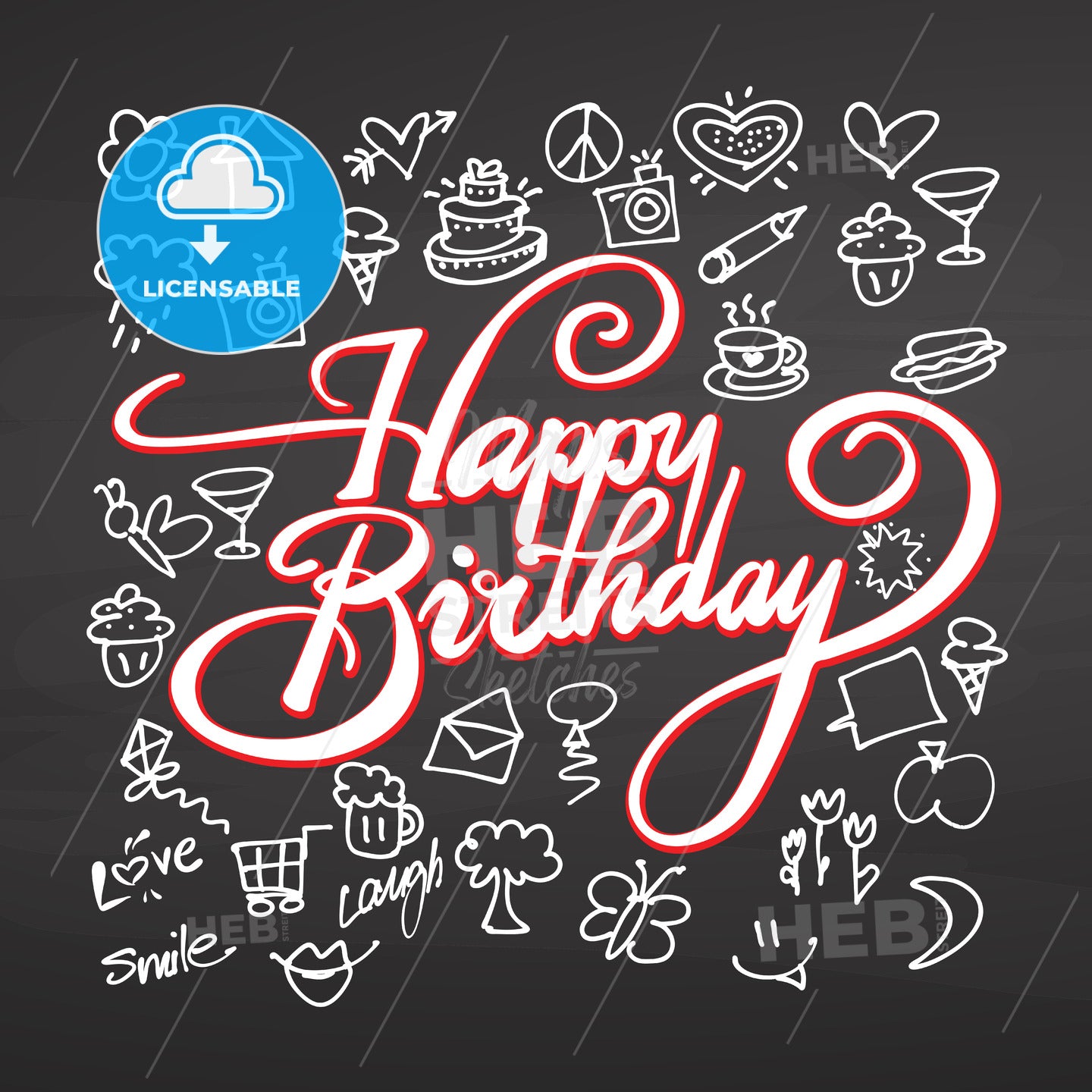 Happy birthday lettering and doodles on chalkboard – instant download