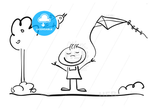 Happy doodle Child plays with Kite – instant download