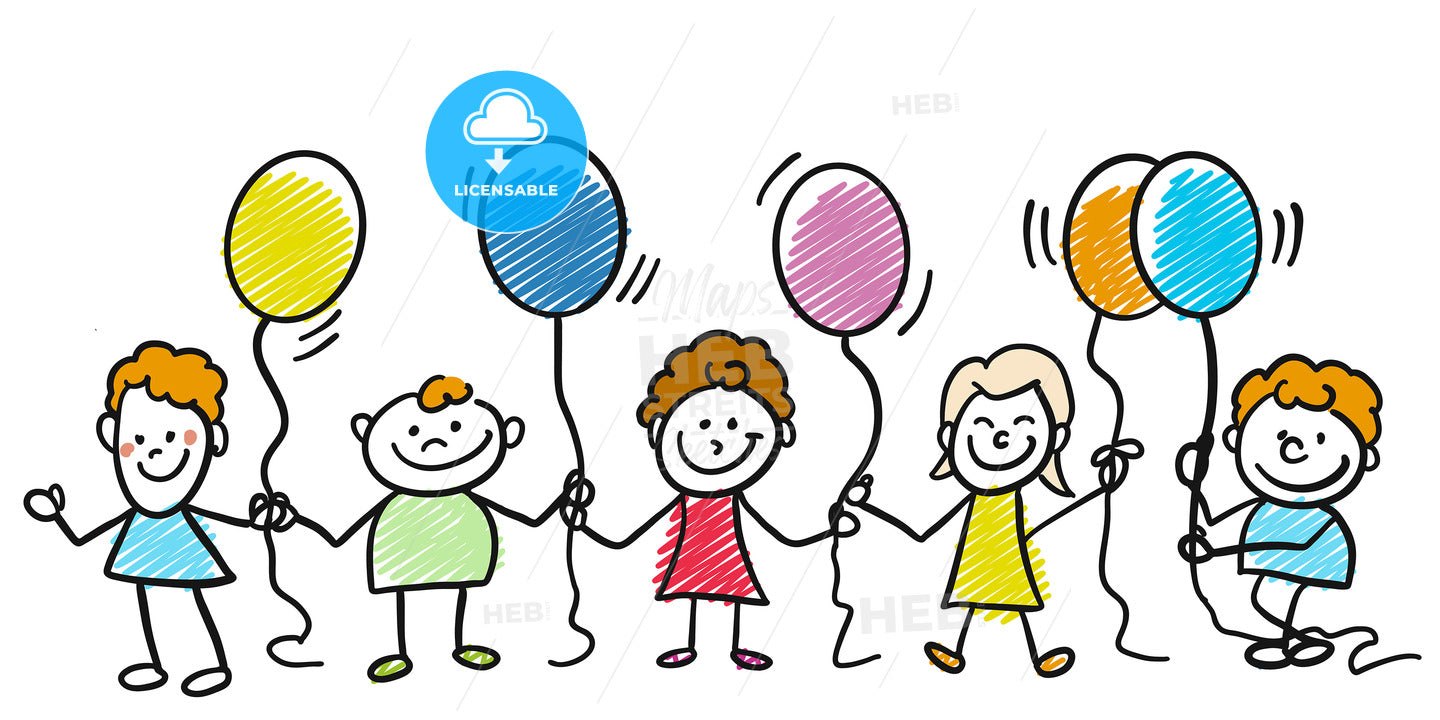 Happy doodle kids with balloons – instant download
