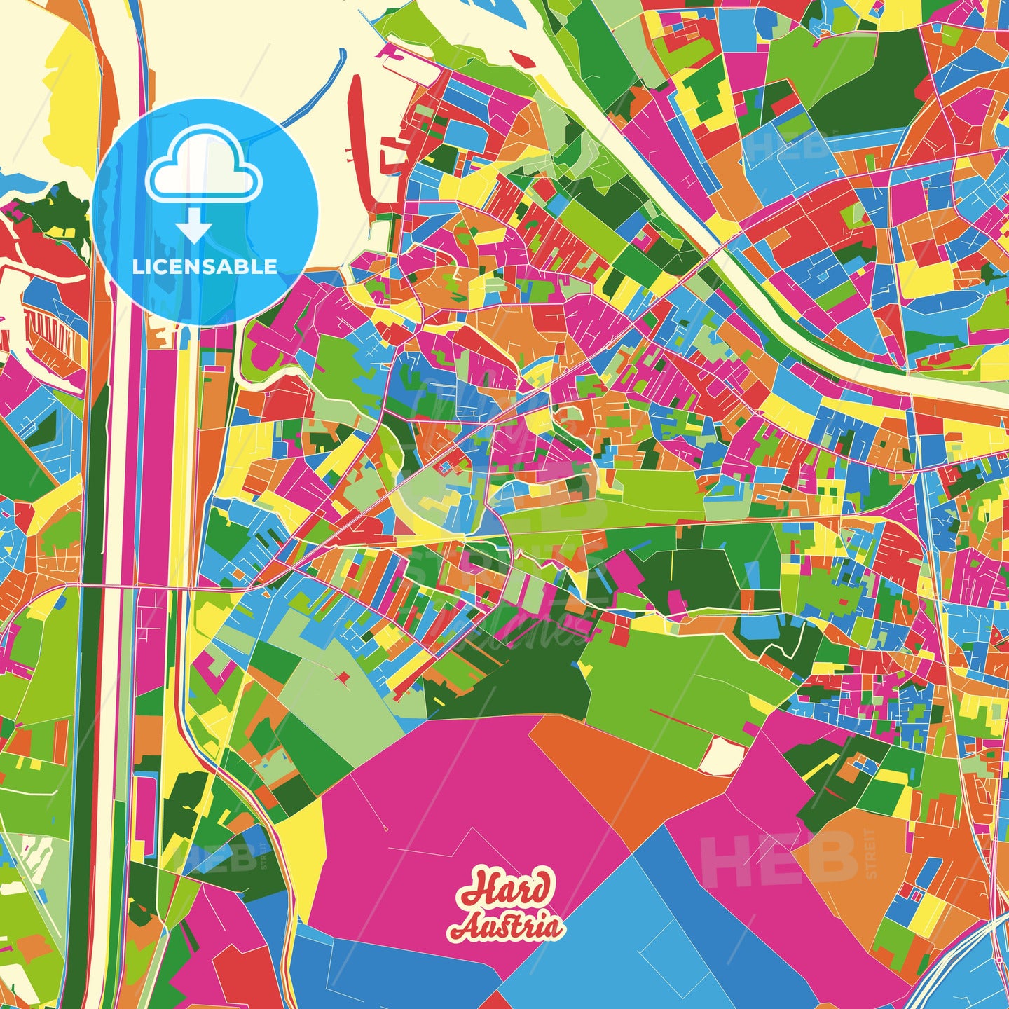 Hard, Austria Crazy Colorful Street Map Poster Template - HEBSTREITS Sketches