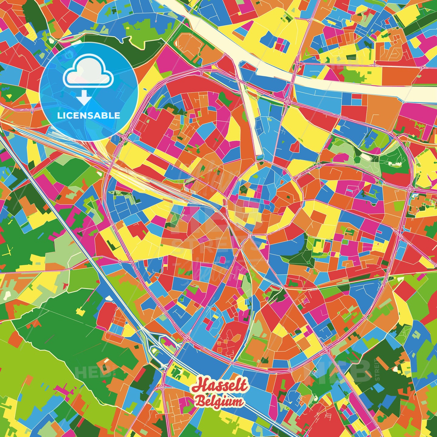 Hasselt, Belgium Crazy Colorful Street Map Poster Template - HEBSTREITS Sketches