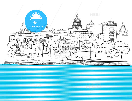Havana Cuba Panorama with colored Sea Sketch – instant download