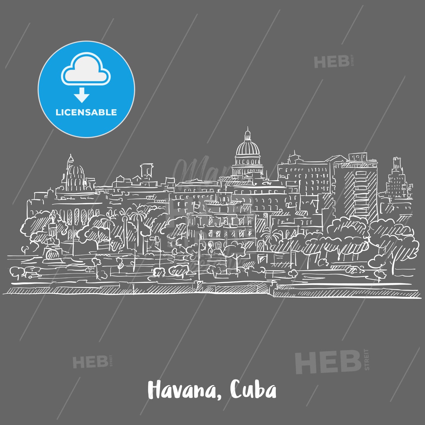 Havana, Cuba White on Grey – instant download