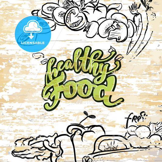 Healthy food drawing on wooden background – instant download