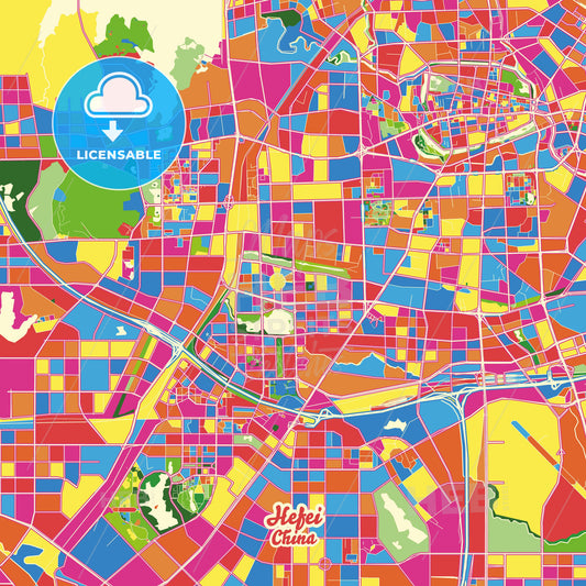 Hefei, China Crazy Colorful Street Map Poster Template - HEBSTREITS Sketches