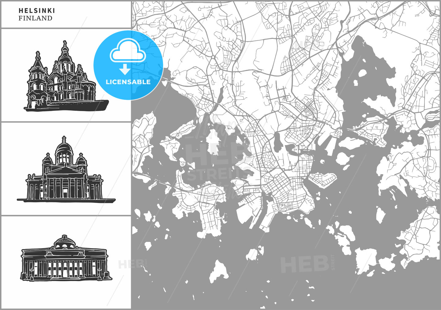 Helsinki city map with hand-drawn architecture icons