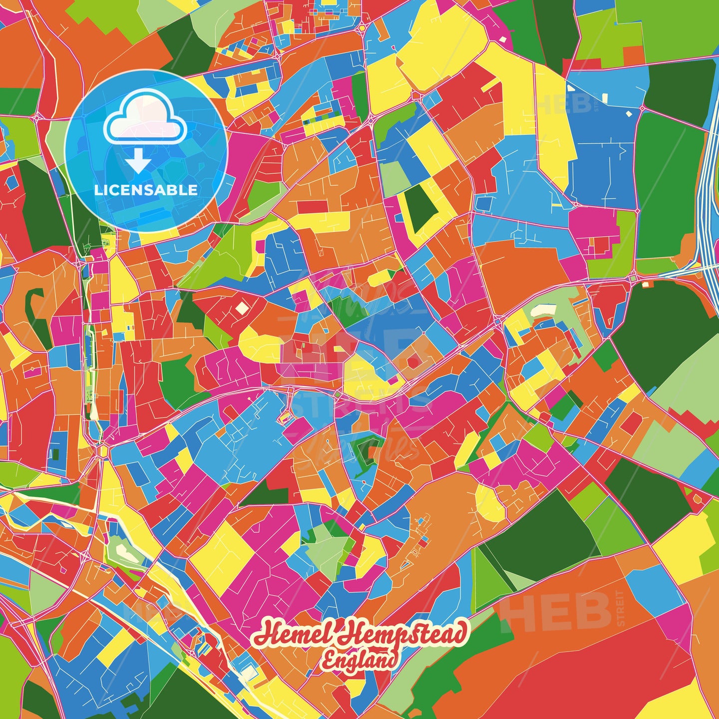 Hemel Hempstead, England Crazy Colorful Street Map Poster Template - HEBSTREITS Sketches