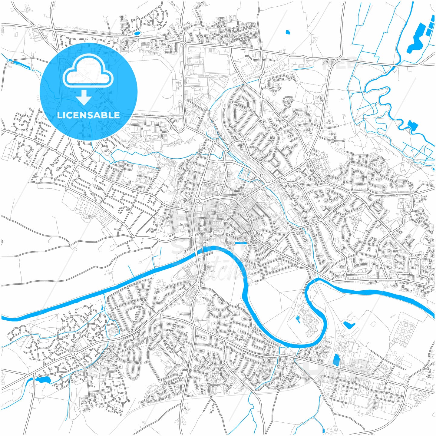 Hereford, West Midlands, England, city map with high quality roads.