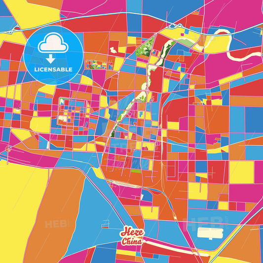 Heze, China Crazy Colorful Street Map Poster Template - HEBSTREITS Sketches
