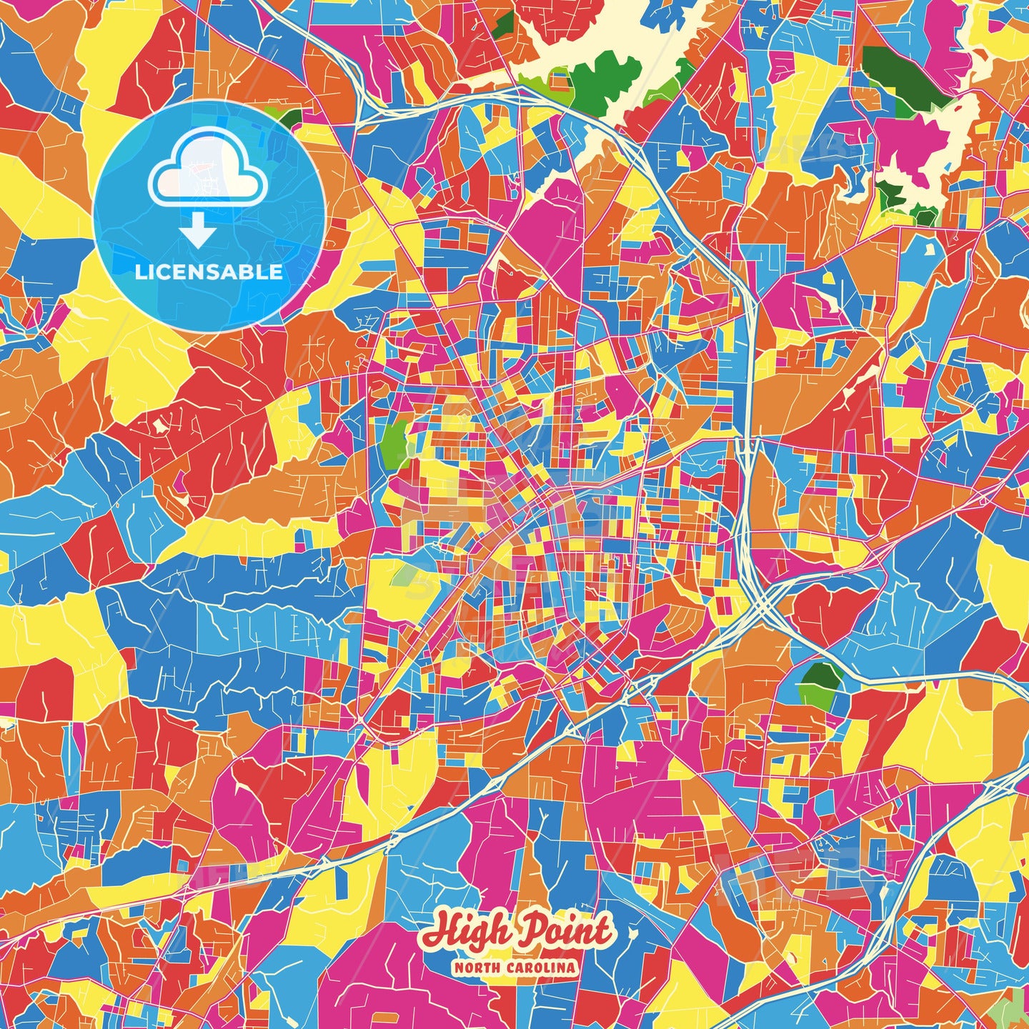High Point, United States Crazy Colorful Street Map Poster Template - HEBSTREITS Sketches