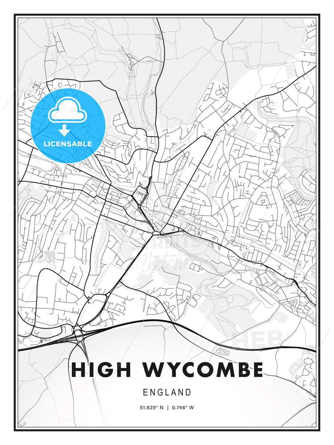 High Wycombe, England, Modern Print Template in Various Formats - HEBSTREITS Sketches