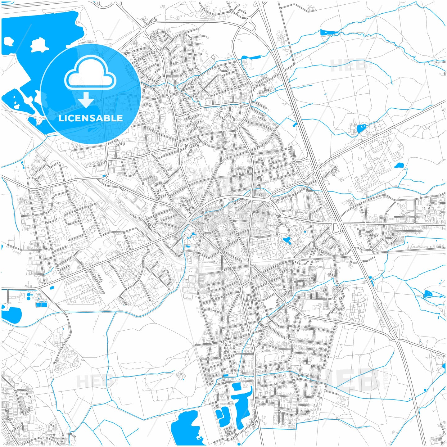 Hilden, North Rhine-Westphalia, Germany, city map with high quality roads.