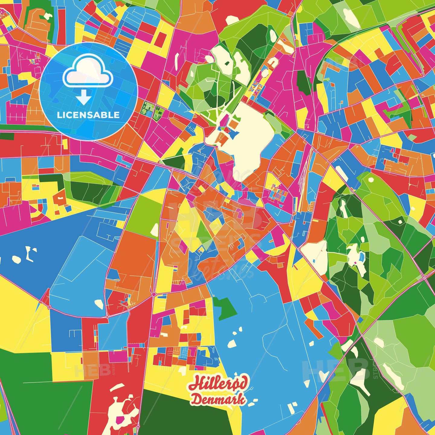 Hillerød, Denmark Crazy Colorful Street Map Poster Template - HEBSTREITS Sketches