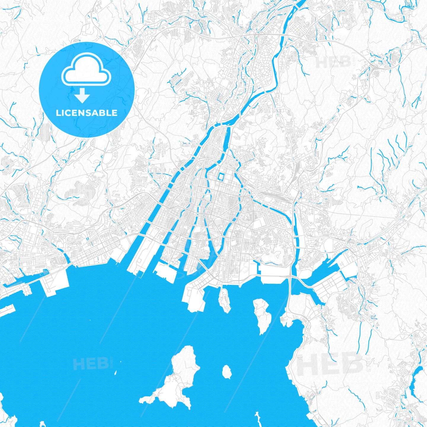 Hiroshima, Japan PDF vector map with water in focus