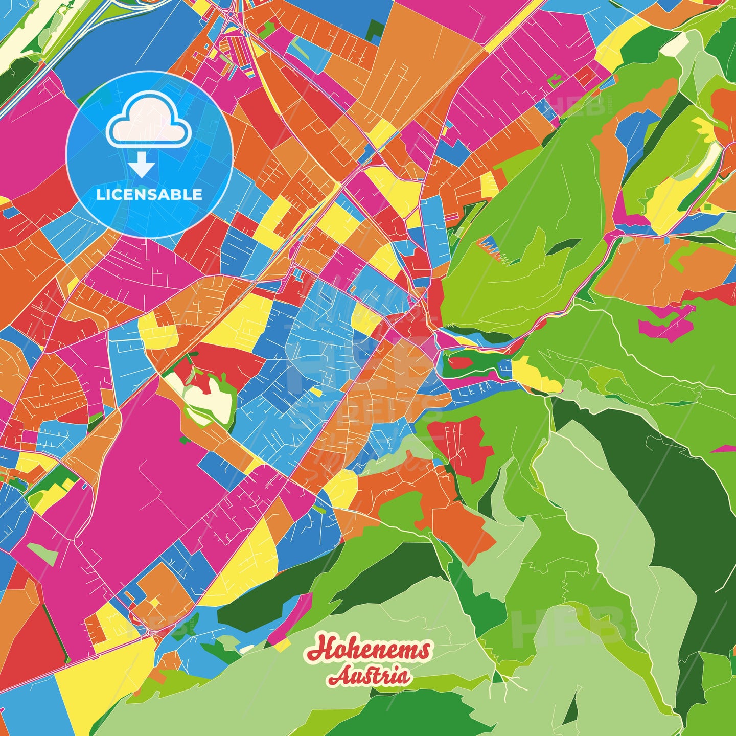 Hohenems, Austria Crazy Colorful Street Map Poster Template - HEBSTREITS Sketches
