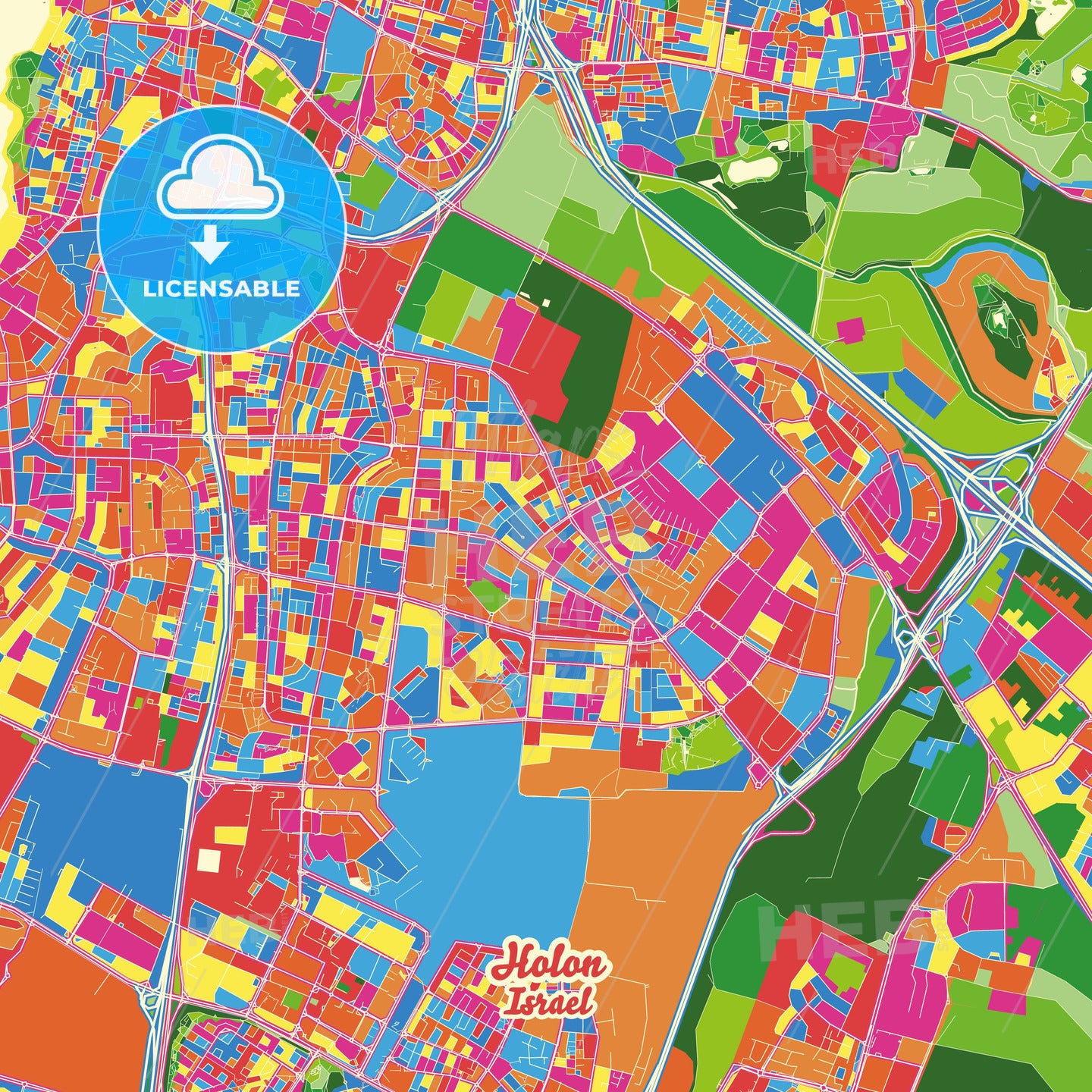 Holon, Israel Crazy Colorful Street Map Poster Template - HEBSTREITS Sketches