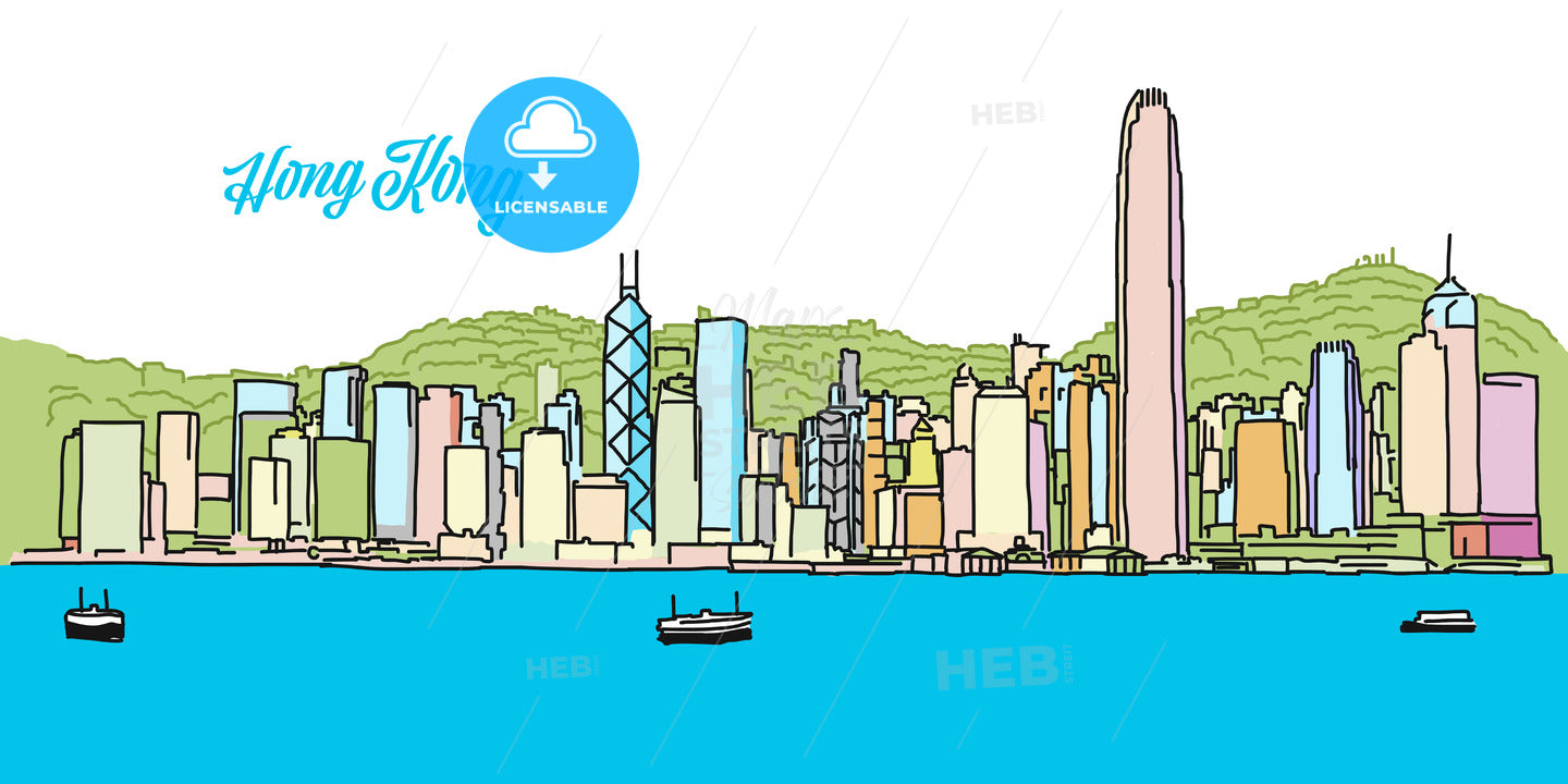 Hong Kong Colored Skyline Banner – instant download
