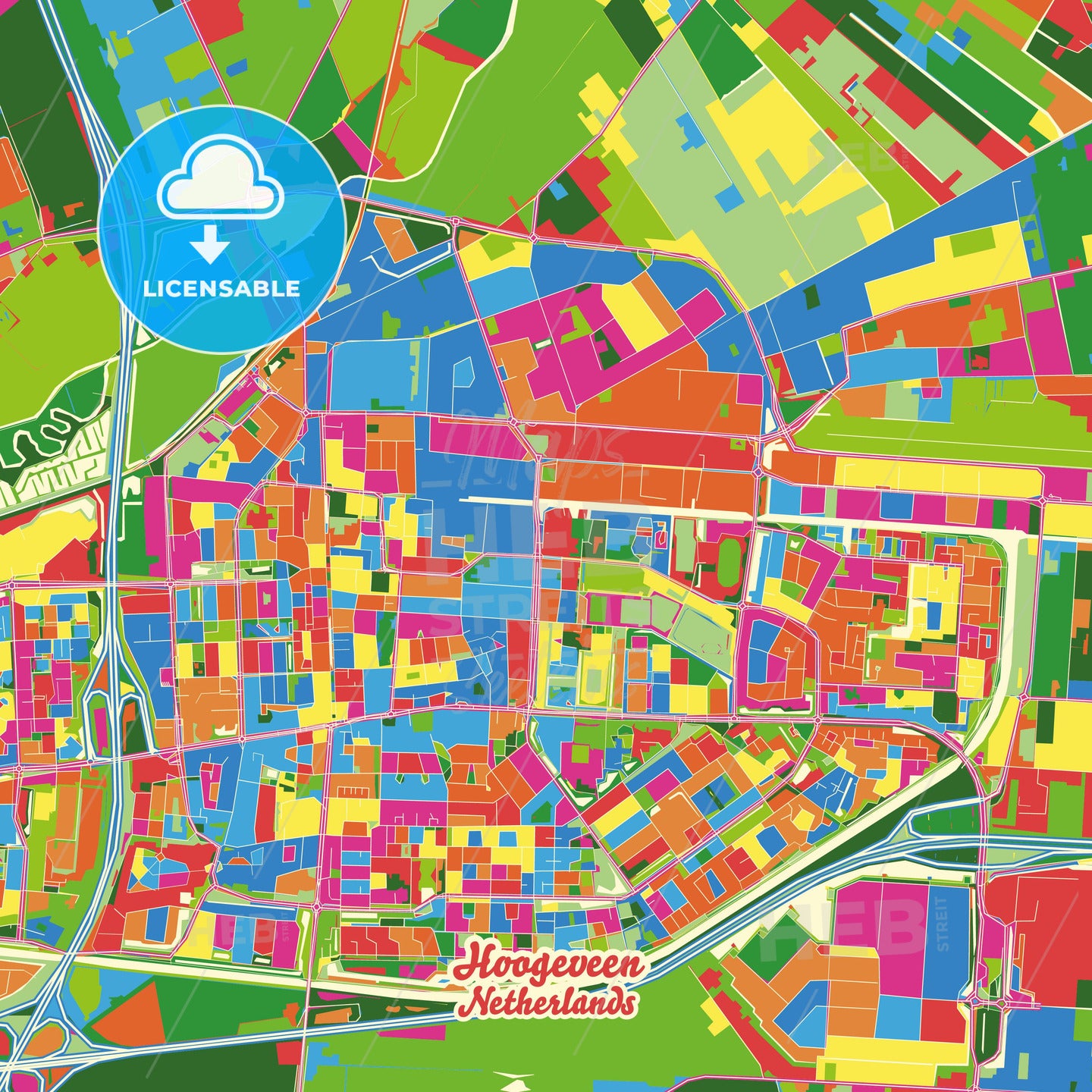 Hoogeveen, Netherlands Crazy Colorful Street Map Poster Template - HEBSTREITS Sketches