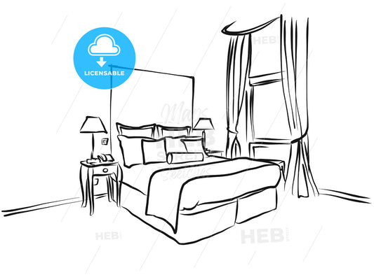 Hotel Room King Size Bed, Interieur Coloring Page – instant download