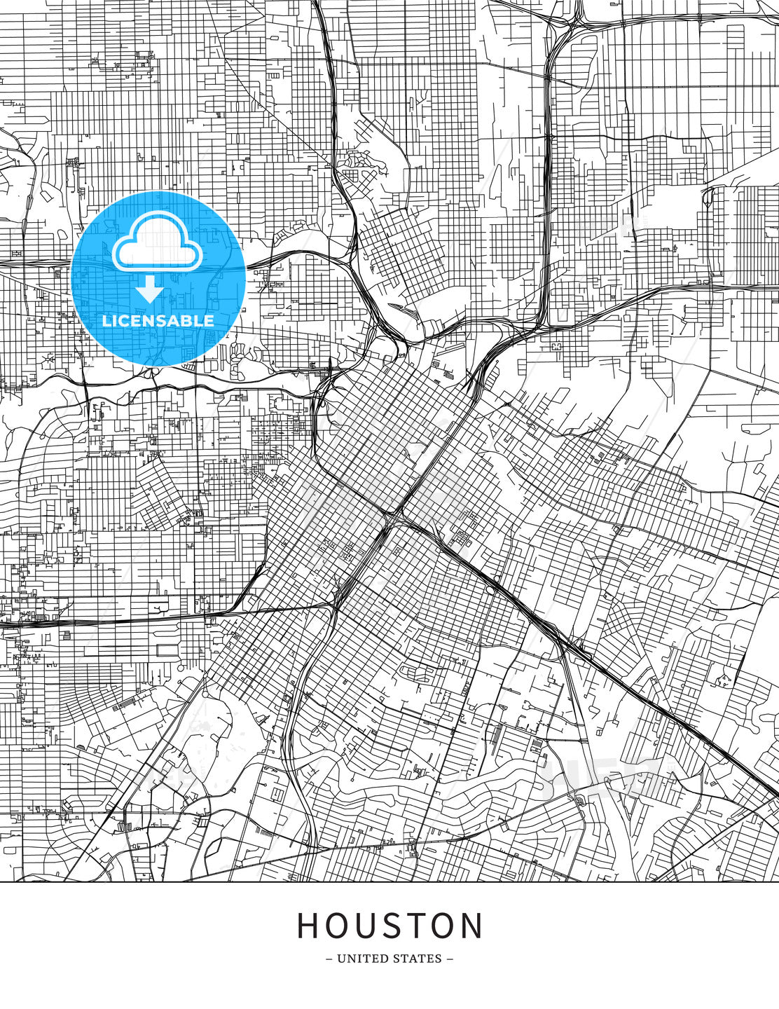 Houston, United States, Map poster borderless print template HEBSTREITS