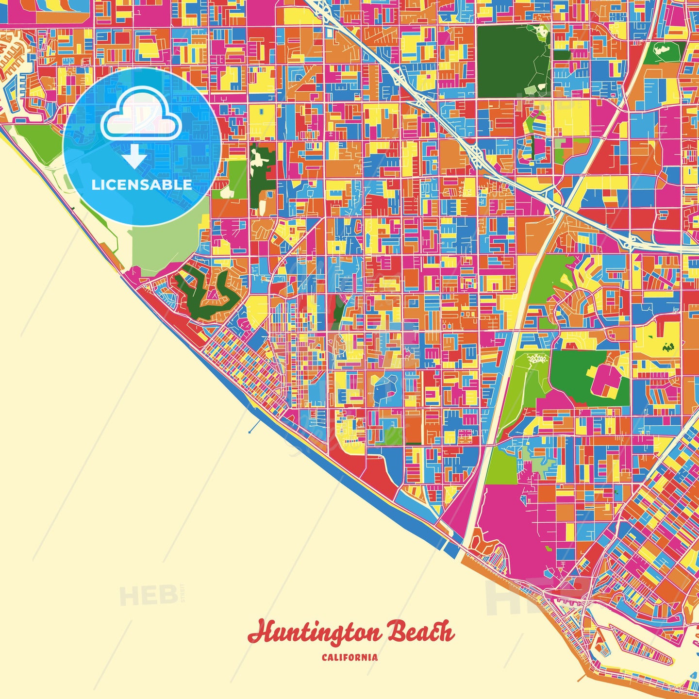 Huntington Beach, United States Crazy Colorful Street Map Poster Template - HEBSTREITS Sketches