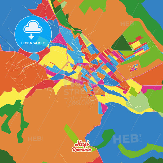 Huși, Romania Crazy Colorful Street Map Poster Template - HEBSTREITS Sketches