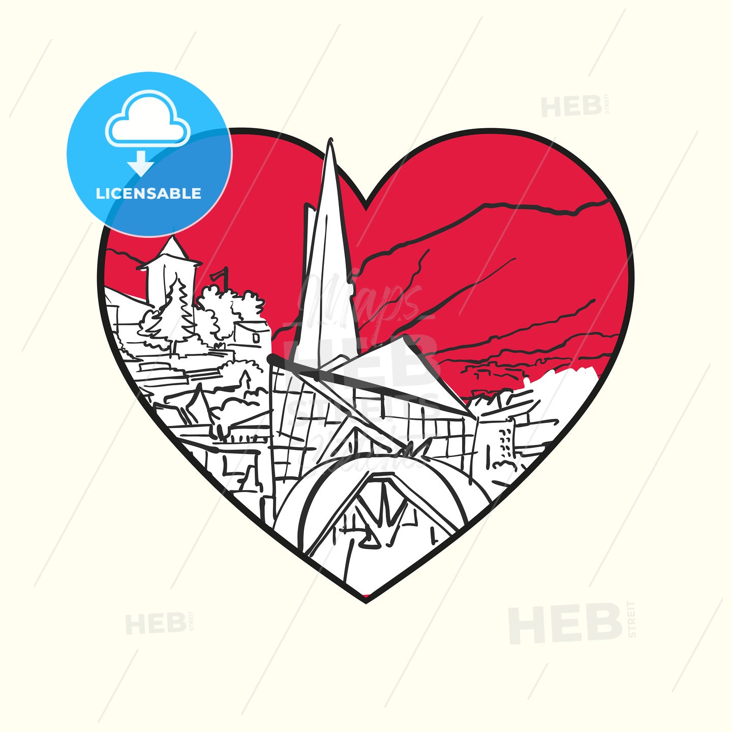 I love Andorra la Vella. Red heart and famous buildings – instant download