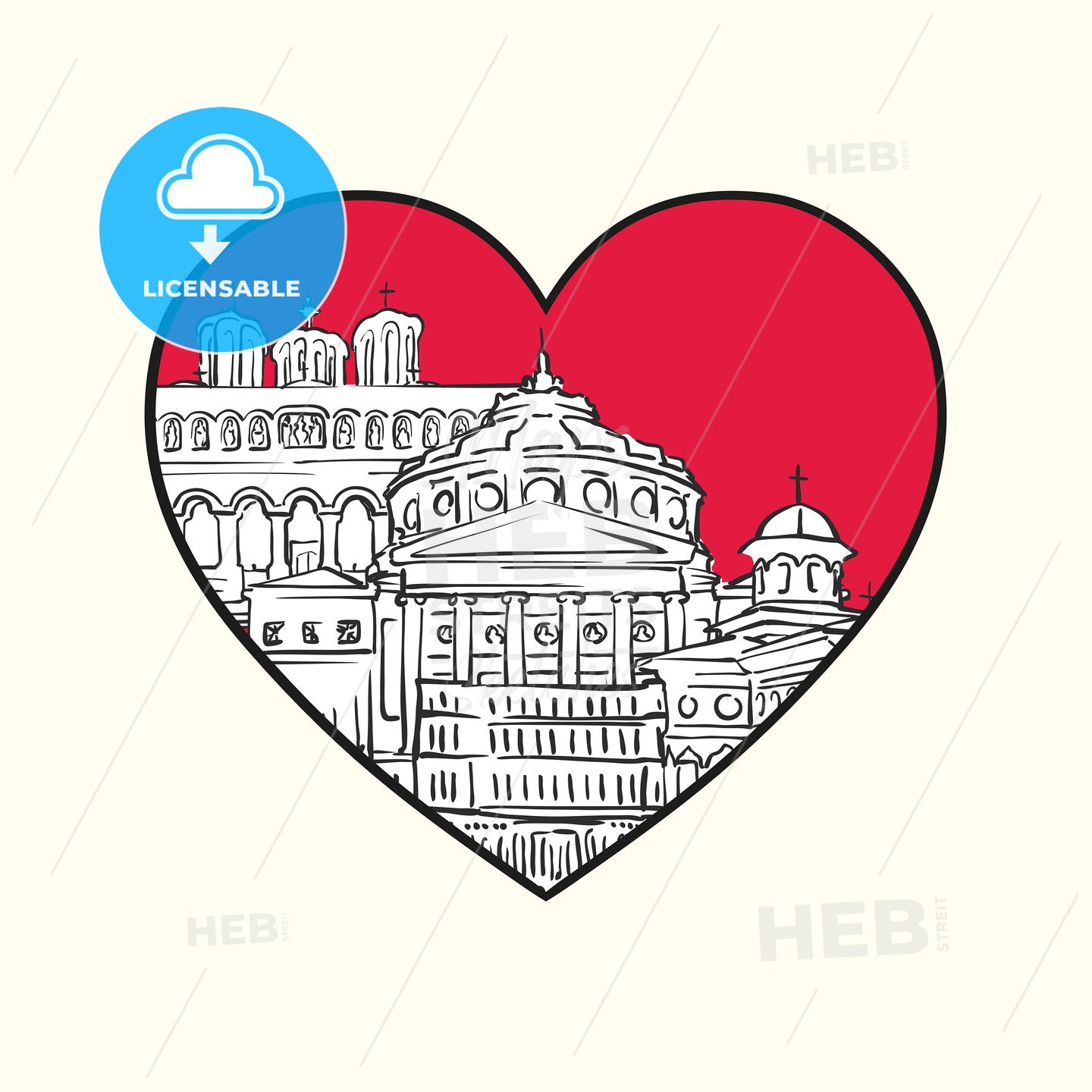 I love Bucharest. Red heart and famous buildings – instant download