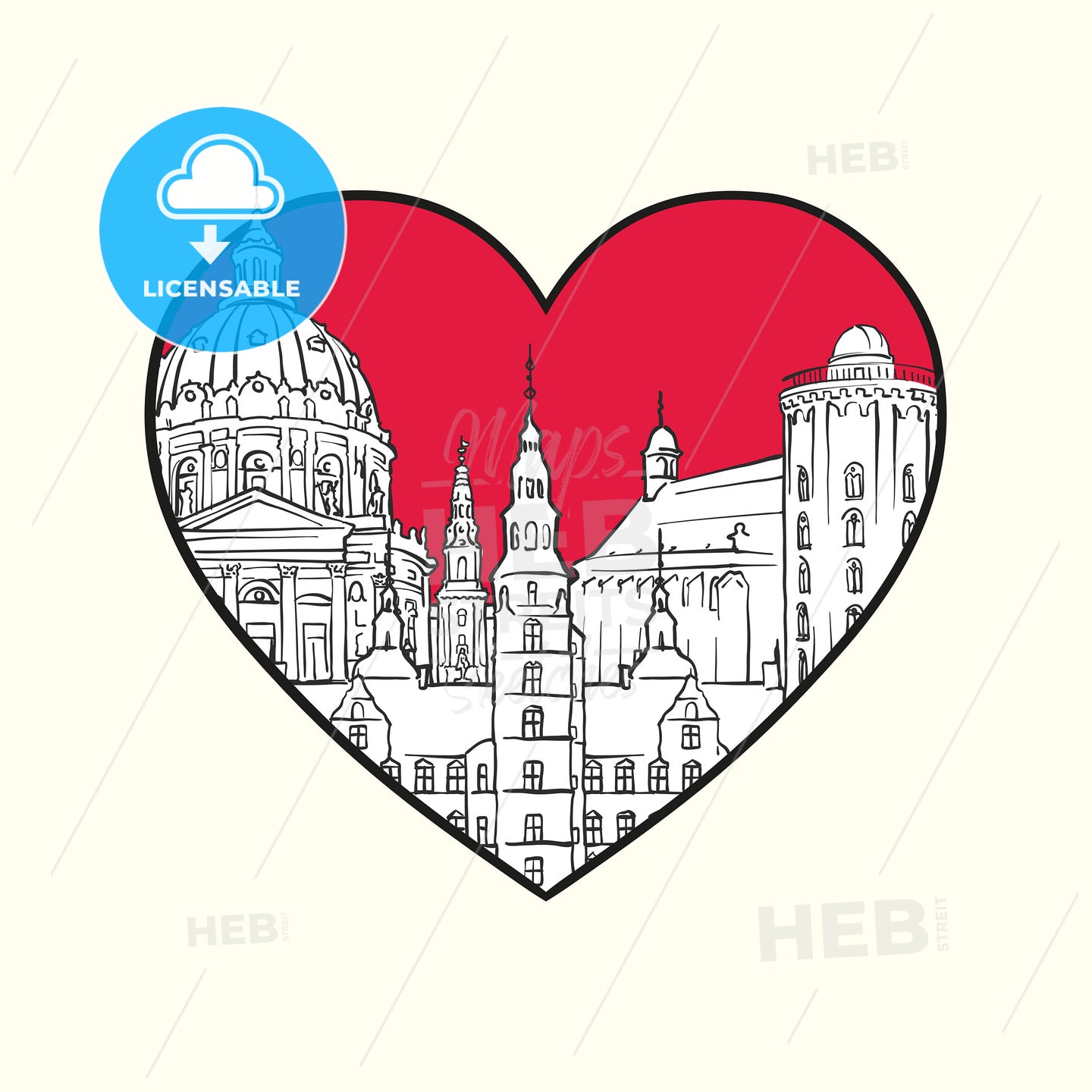 I love Copenhagen. Red heart and famous buildings – instant download