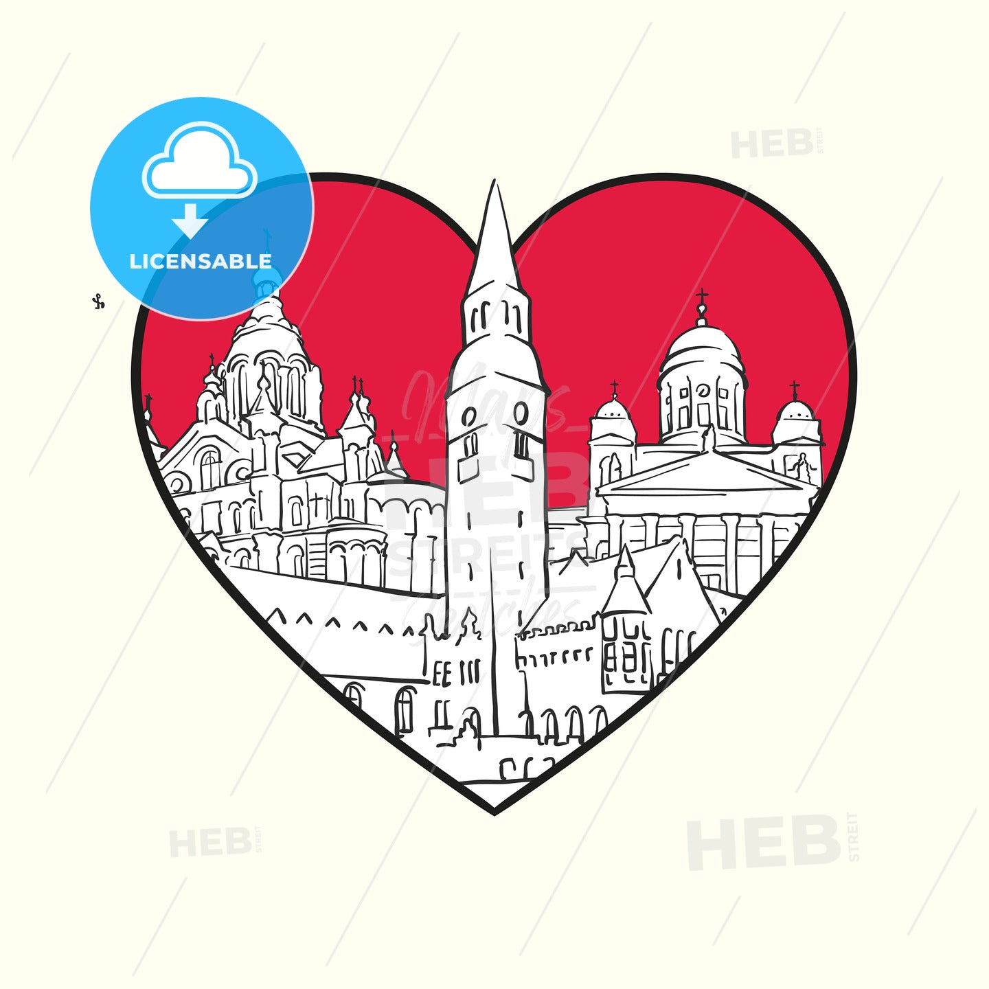 I love Helsinki. Red heart and famous buildings – instant download