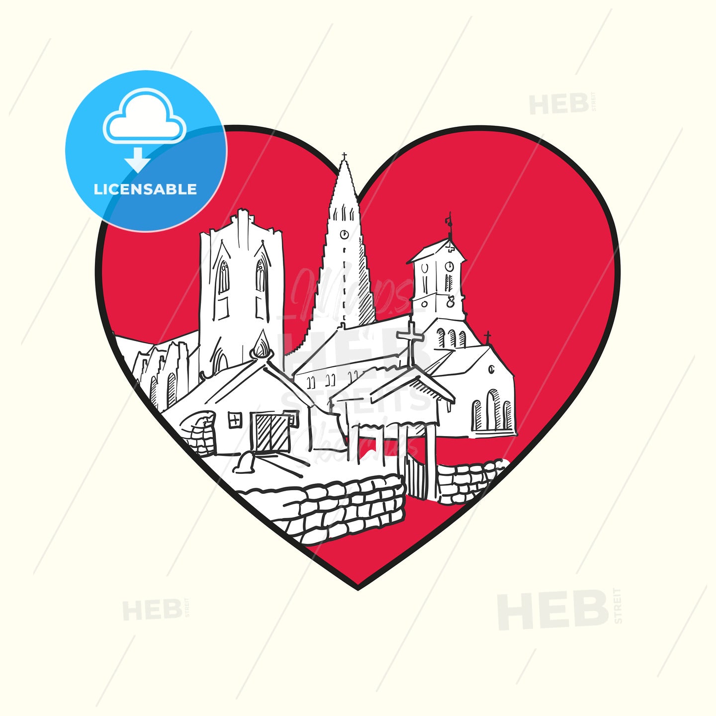 I love Reykjavík. Red heart and famous buildings – instant download