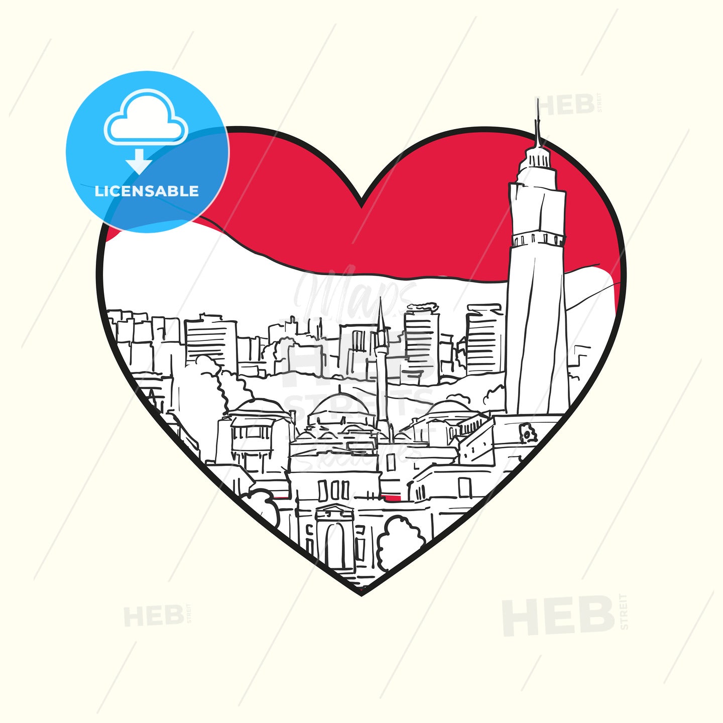 I love Sarajevo. Red heart and famous buildings – instant download
