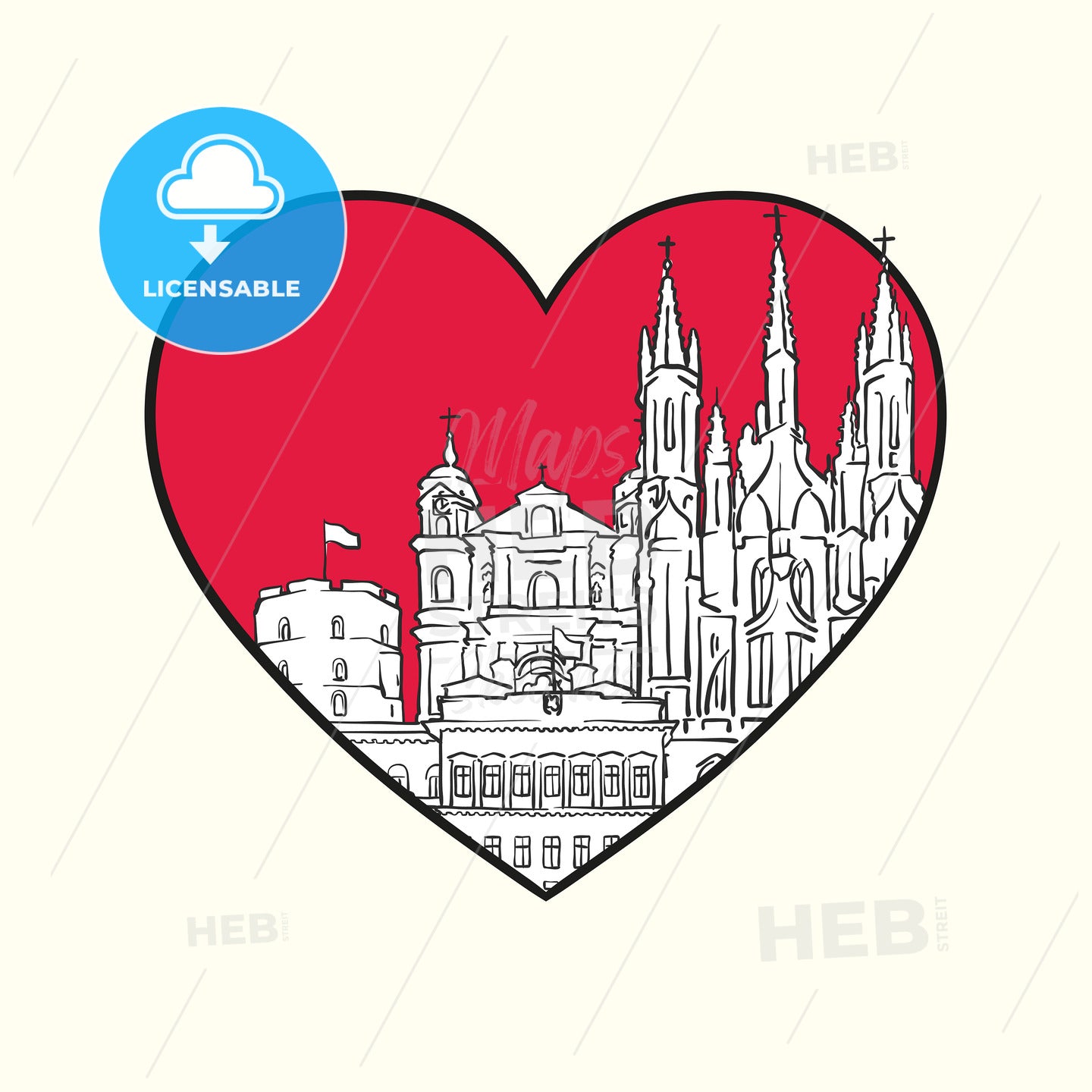I love Vilnius. Red heart and famous buildings – instant download